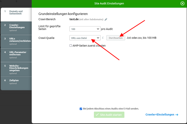 Site Audit Einstellungen: Crawl-Bereich, Limit für geprüfte Seiten, Crawl-Quelle