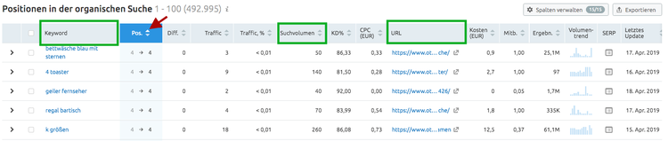 Keyword Positionstabelle mit Ranking-Positionen und URLs