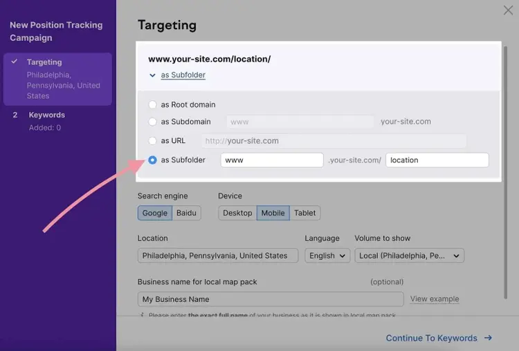 Tracking für jede Standort-URL einrichten
