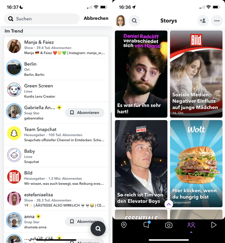 Snapchat Stories und Abbrechen-Oberfläche mit Trending