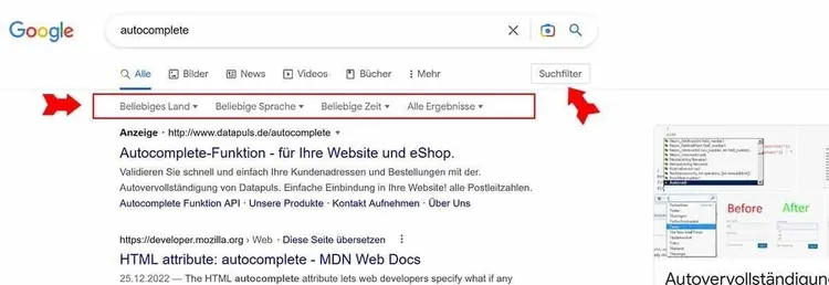 Google Autocomplete für autocomplete mit Featured Snippets Before/After Vergleich
