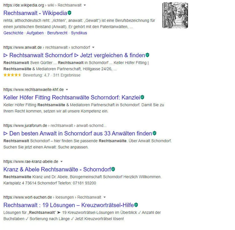 Google Suche Rechtsanwalt mit Wikipedia und Geschäftseinträgen