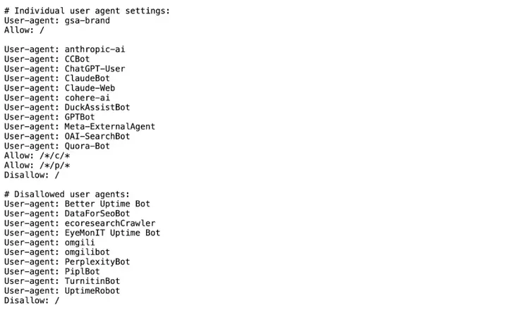 Eine robots.txt-Datei, die eine Liste der erlaubten und verbotenen Crawler anzeigt.