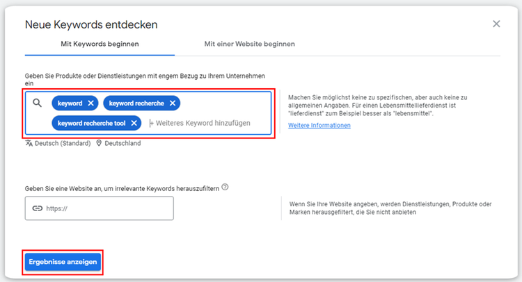 Google Ads Dialog Neue Keywords entdecken mit Eingabefelder und beispiel-Keywords