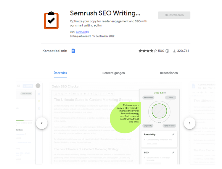 Semrush SEO Writing Assistant Extension mit Bewertung und Google Docs Integration