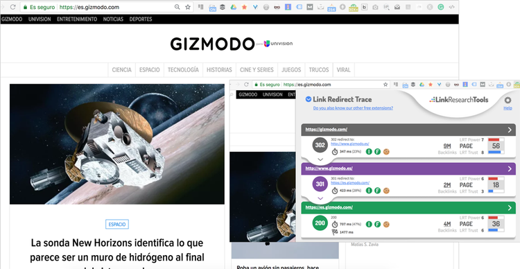 Gizmodo-Website mit Redirect Trace und Sprachweiterleitung