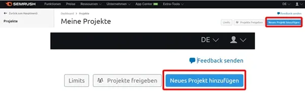 Semrush Projekte-Seite mit 'Neues Projekt hinzufügen' Button sichtbar