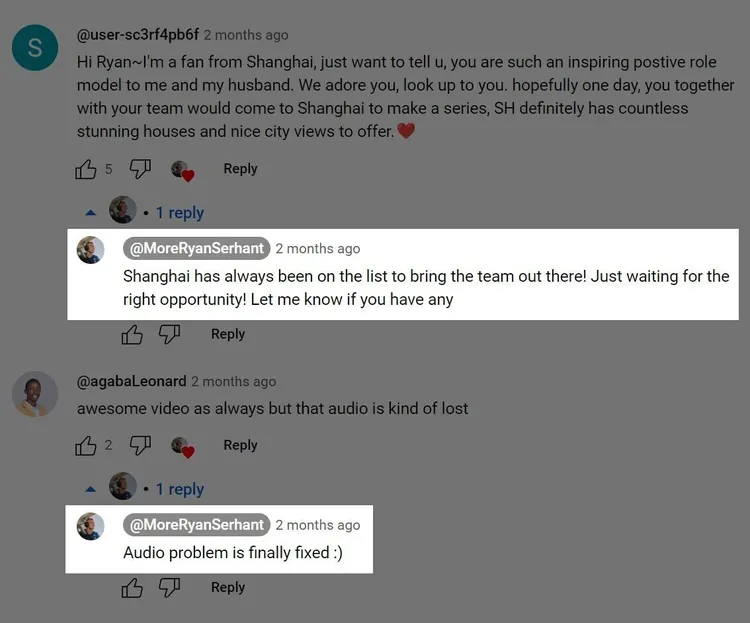 Antworten von Ryan Serhant auf Kommentare unter seinem YouTube-Video