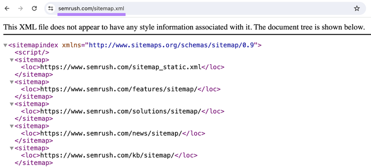 Die Webseite für semrush.com/sitemap.xml zeigt eine XML-Sitemap
