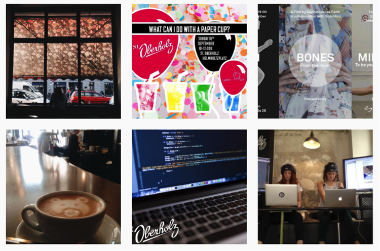 Café Oberholz Instagram: Feed mit Kaffee, Pastries, Laptop und Café-Innenaufnahmen