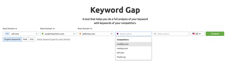 Keyword Gap Tool mit Domain-Eingabefeldern und Vergleichsschaltfläche