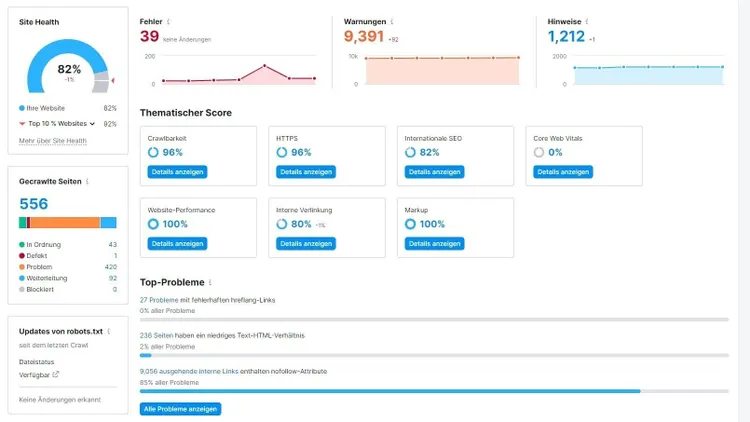 Das Site Audit zeigt dir Fehler und Warnungen
