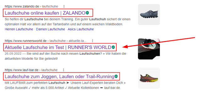 Google-Suchergebnisse für Laufschuhe mit Title Tags und Snippets