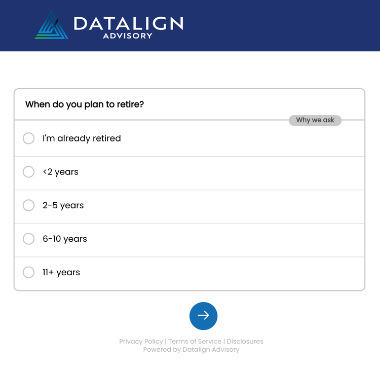 Datalign-Fragebogen, in dem die Leser gefragt werden, wann sie in den Ruhestand gehen möchten, neben Multiple-Choice-Optionen