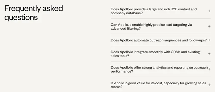 Der Abschnitt „Häufig gestellte Fragen“ auf der Homepage von Apollo beantwortet relevante Fragen, die ein potenzieller Käufer haben könnte.