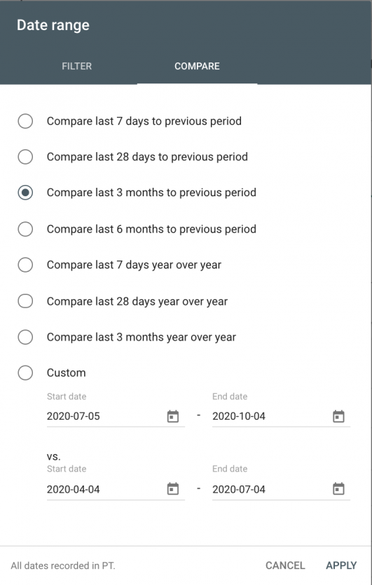 Date range comparison dialog with 3-month option selected