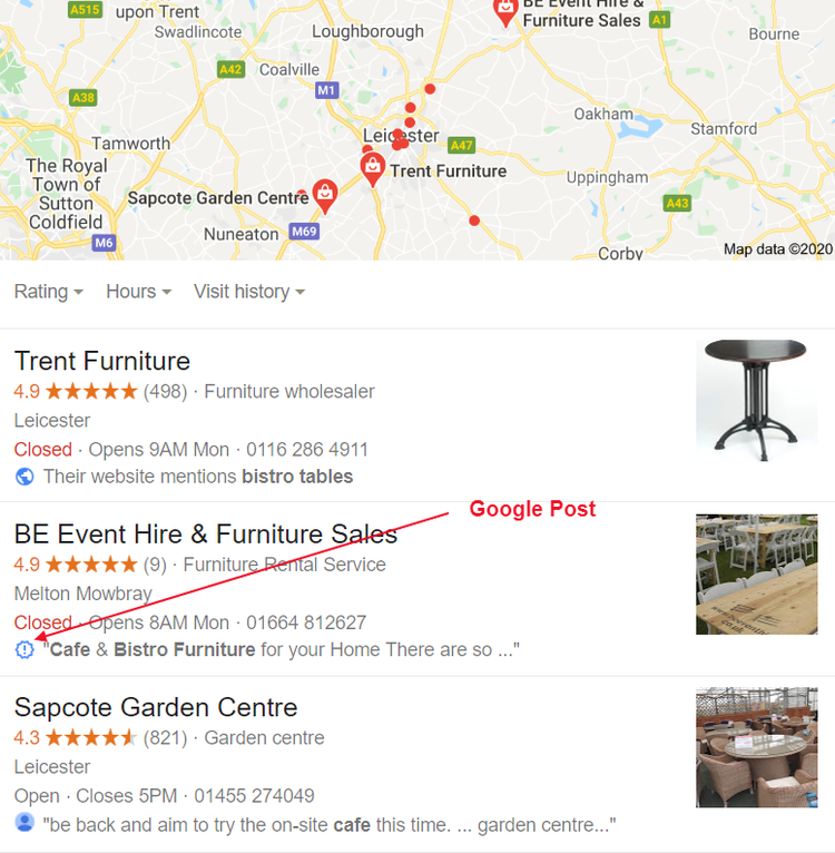 Google Business Profile mit Trent Furniture Bewertung und Öffnungszeiten