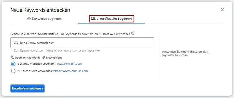Keyword Planner Dialog mit semrush.com URL-Beispiel