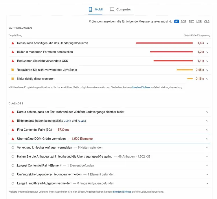 PageSpeed Insights showing recommendations and Core Web Vitals
