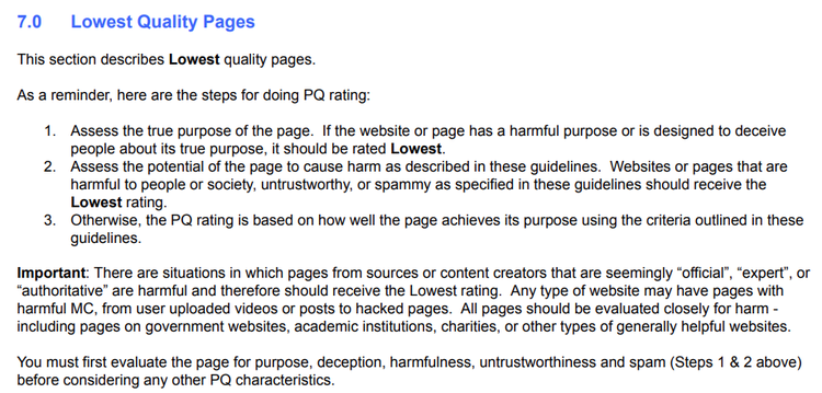 Screenshot: Lowest Quality Pages