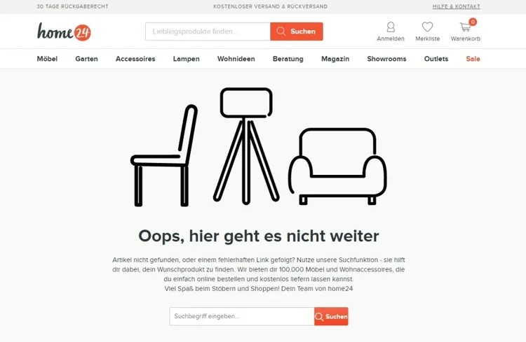 home24 404 error page showing furniture illustrations and message Oops, hier geht es nicht weiter