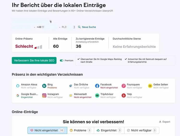 Local SEO report showing business directory presence