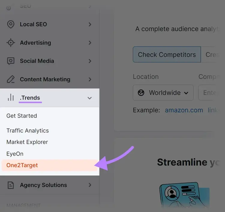 „One2Target“ wurde aus dem Semrush-Menü ausgewählt.