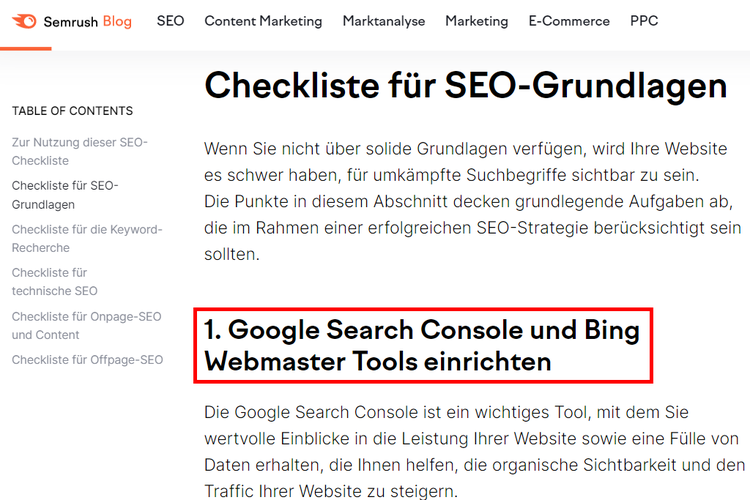 Screenshot: Zwischenüberschrift in Blogartikel von Semrush