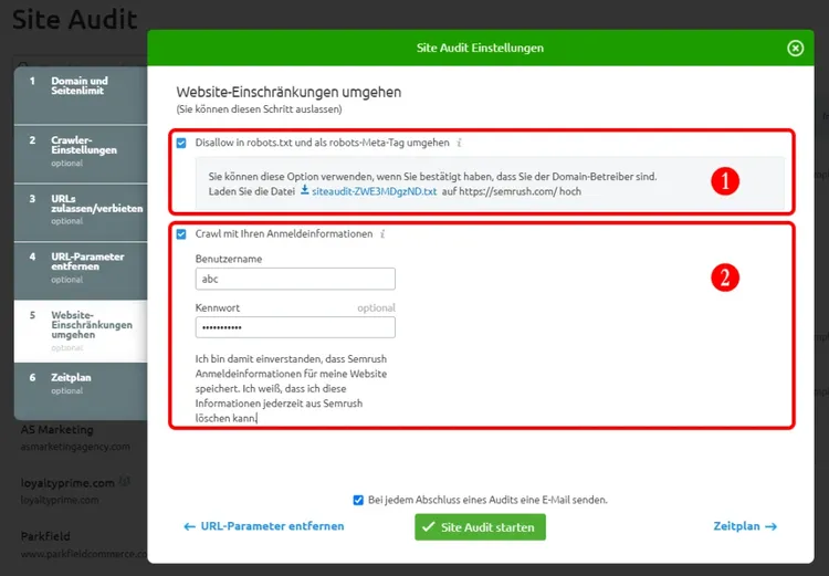 Website-Einschränkungen Dialog mit robots.txt und Anmeldeinformationen Felder
