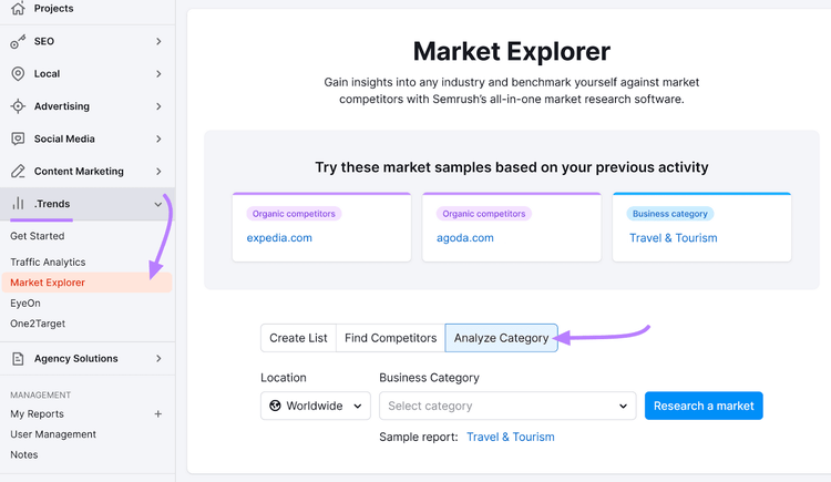 Semrushs Market Explorer Tool