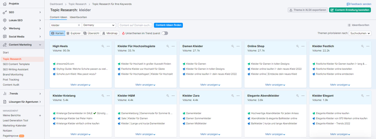 SEMrush Topic Research Modular-Ansicht mit Keyword-Cluster-Karten