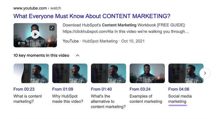 Video-SERP-Eintrag mit hervorgehobenem Seed-Keyword