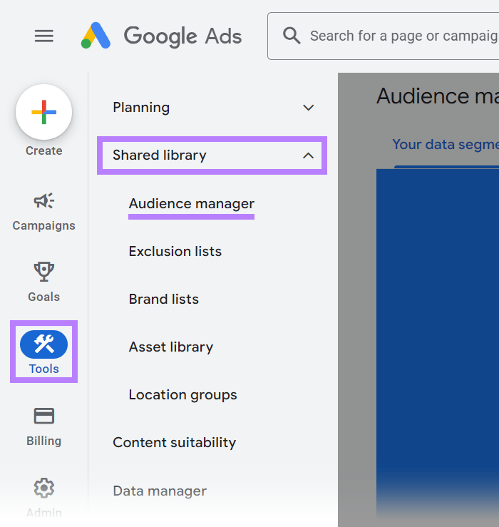 Navigieren Sie im Google Ads-Konto zu „Zielgruppenmanager“.