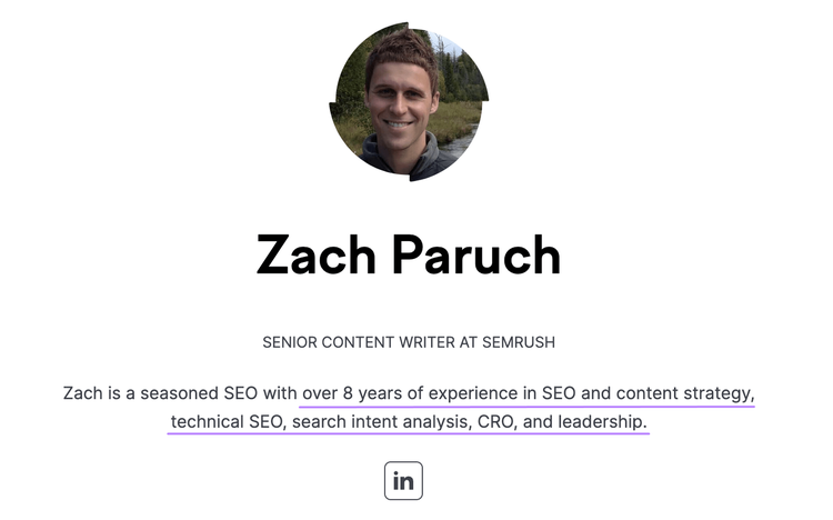 Screenshot des Profils von Zach Paruch auf dem Semrush-Blog