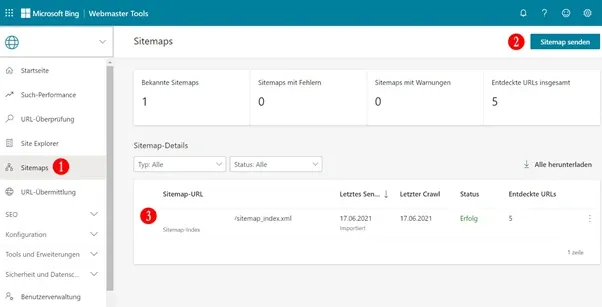 Bing Webmaster Tools sitemaps section showing 1 recent sitemap and 5 undiscovered URLs