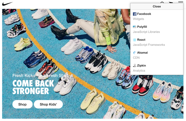 Nike-Website mit Kampagne und Wappalyzer-Technologie-Analyse überlagert
