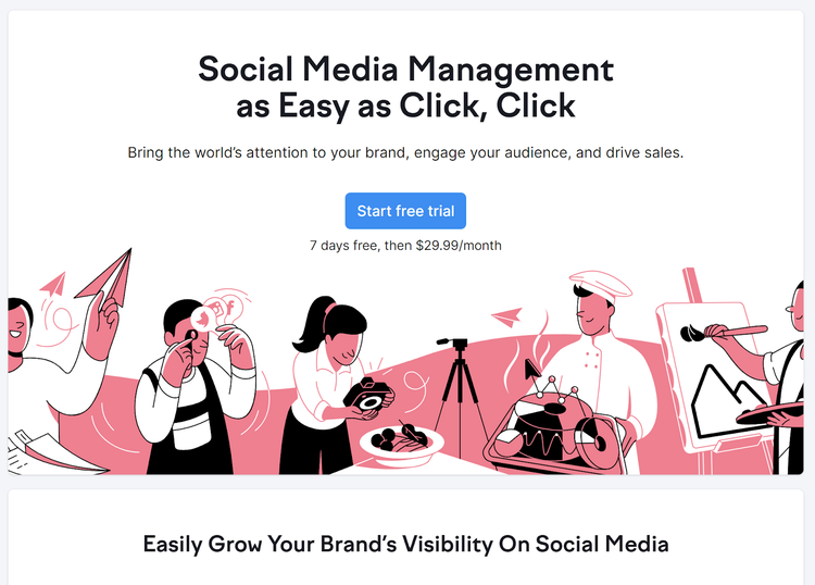 Semrush Social-Willkommensbildschirm mit Schaltfläche für kostenlose Testversion und CTA