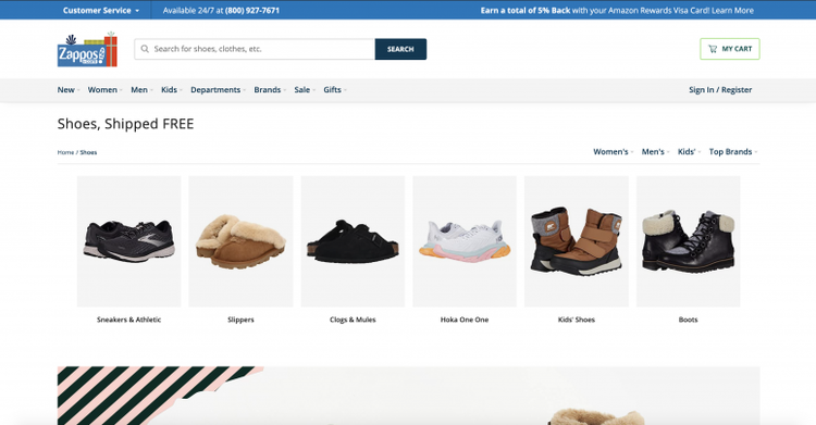 Zappos Schuhe-Seite mit Unterkategorien: Sneakers, Slippers, Clogs, Boots