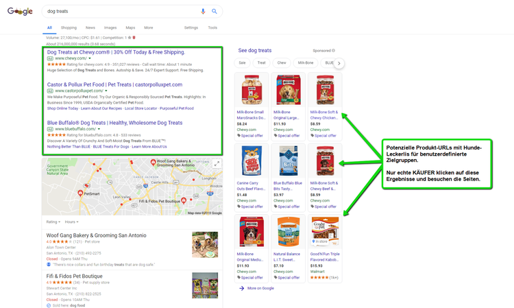 Google Ads Suchergebnisse für Hundesnacks mit lokalen Treffern