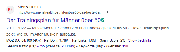 Google Search Snippet Trainingsplan für Männer über 50 mit Metadaten