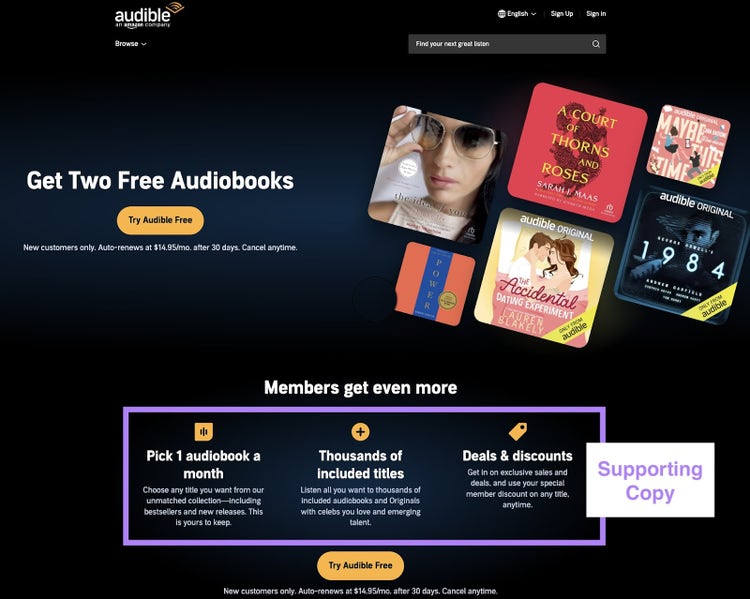 Hörbuchcover neben hervorgehobenem Begleittext auf der Landing-Page von Audible