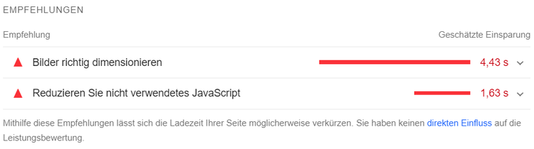 Screenshot: Empfehlungen in PageSpeed Insights