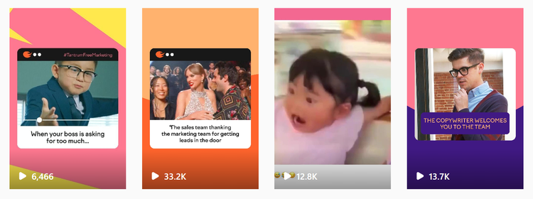Instagram Reels vier Videos mit View-Metriken zwischen 6.4K und 13.7K Views
