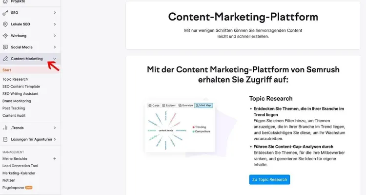 Semrush Content-Marketing-Plattform mit Menü und Topic-Recherche