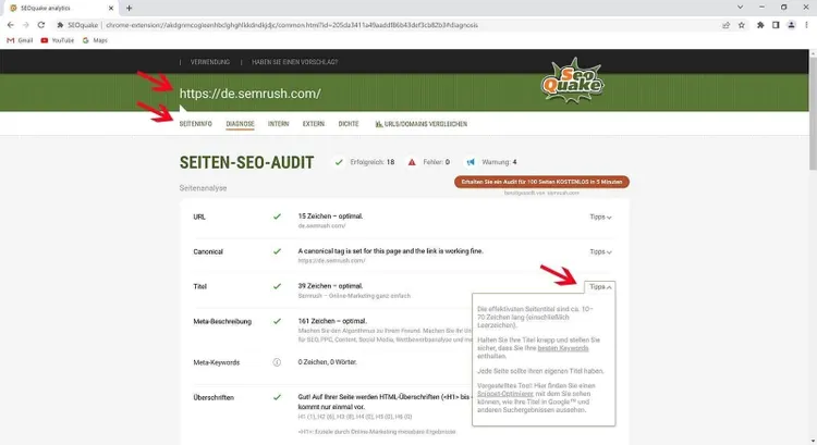 Seoquake Plugin Beispiel mit SEO-Audit Report und Backlinks Informationen