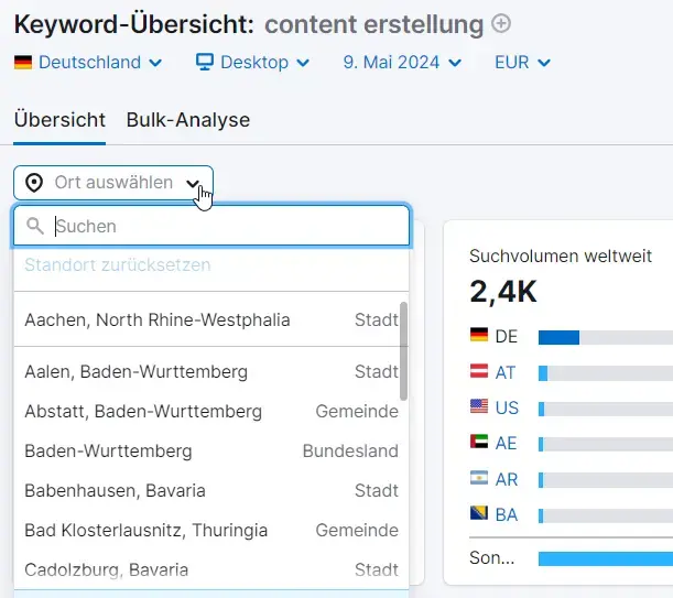Keyword-Übersicht: Auswahl der Region