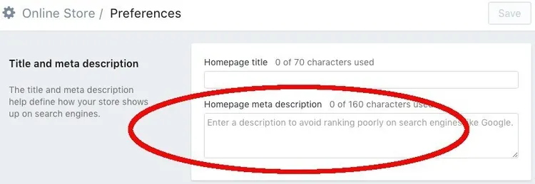 homepage Meta Description for Shopify website