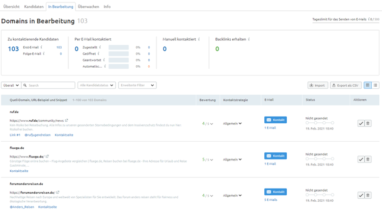 Link Building Tool: Kandidaten in Bearbeitung