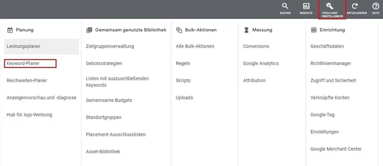 Google Ads Tools Menü mit Keyword Planner hervorgehoben