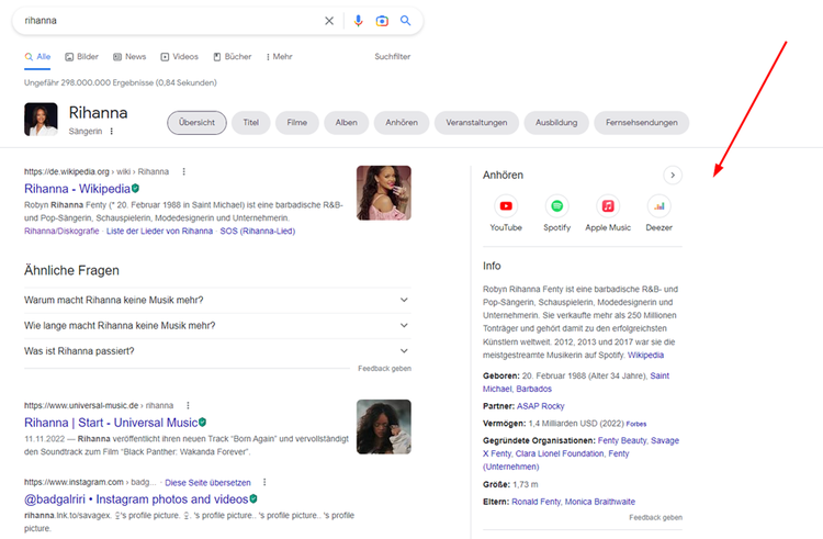 Google Knowledge Panel für Rihanna mit Biografie und Links